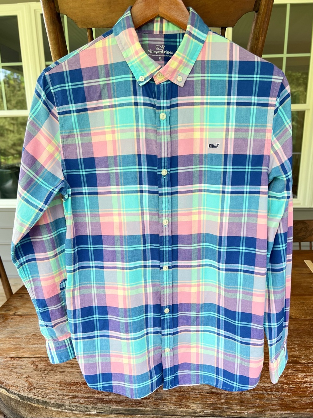 Boys Vineyard Vines Shirt Button Up Long Sleeve Blue Pink Navy Teal Plaid XL 18